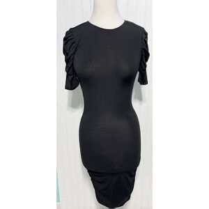 Aqua Bodycon Form Fitting Short‎ Sleeve Ruched Midi Dress Crew Neck Black XS